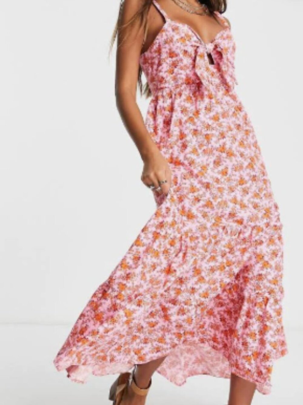 TOPSHOP Pink Orange Floral Tie-Front Midi Dress Size 4